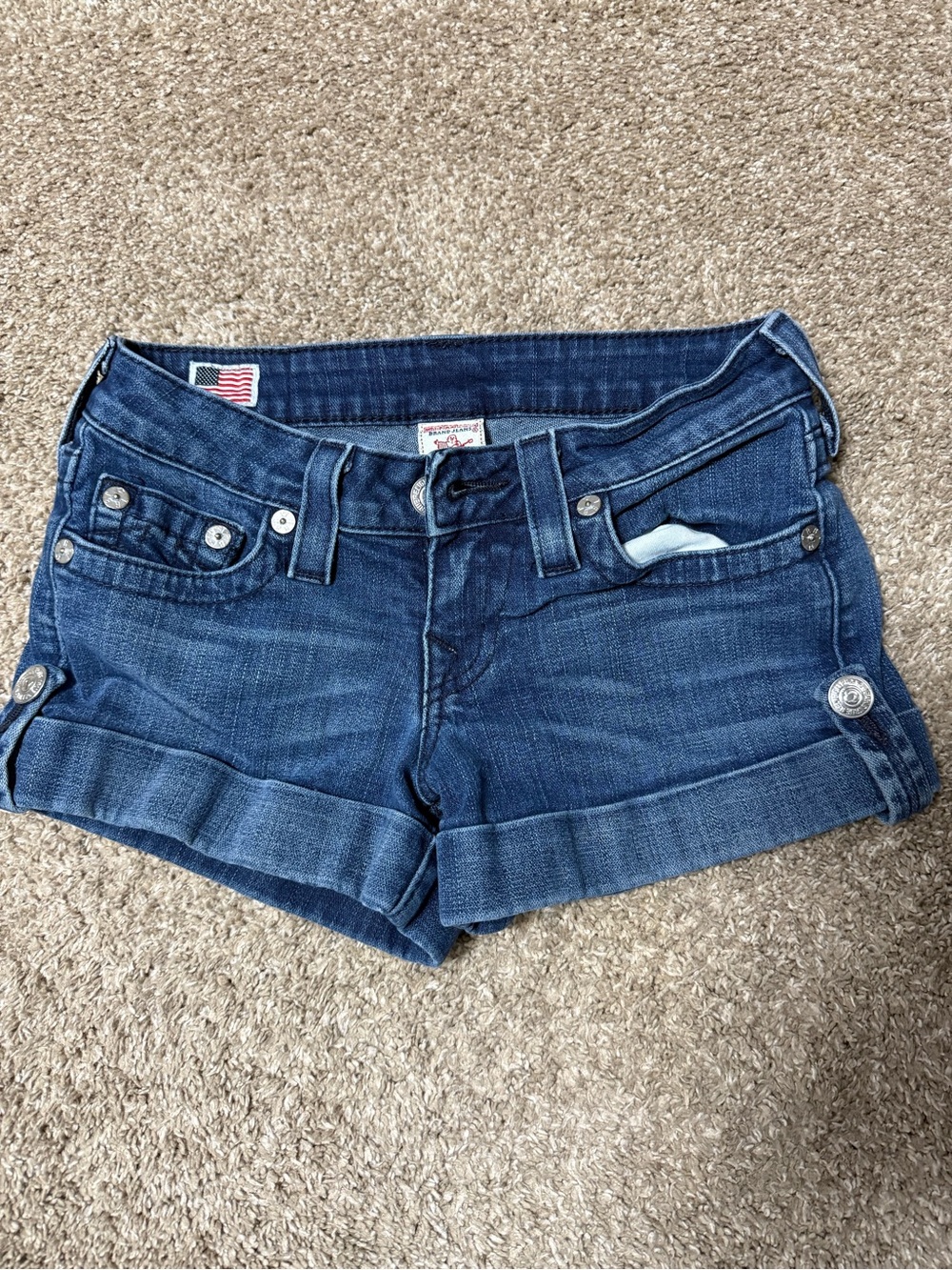 True Religion Y2K Low Rise Dark Blue Denim Cuffed Jean Shorts